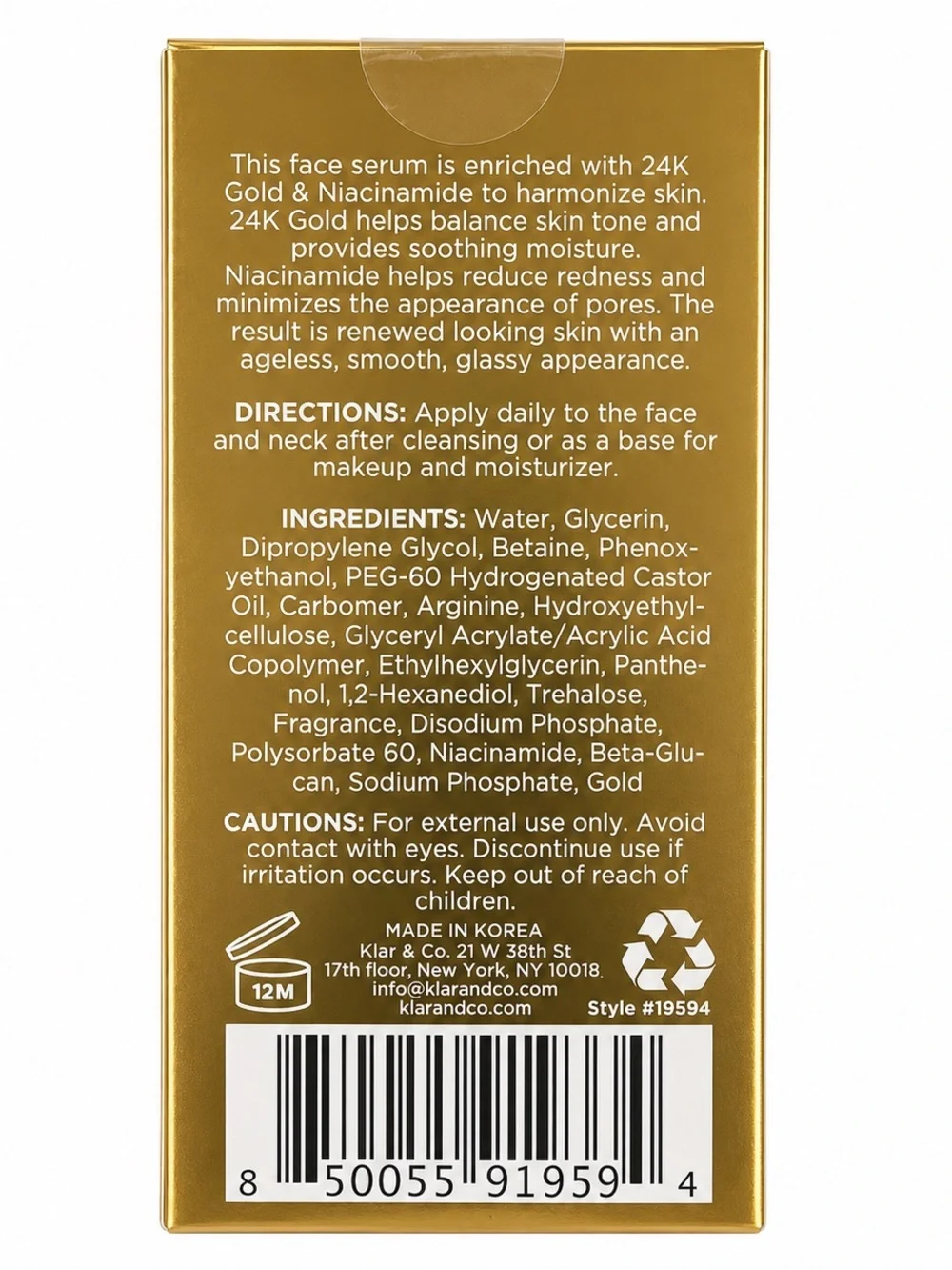 Clear Beauty 24K Gold Niacinamide Firming Face Serum 1.69 oz 50ml New in Box